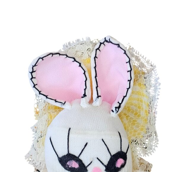 Vintage Kitschy Creepy Easter Bunny Rabbit Sock Doll Wearing Ruffle Yellow Dress - Picture 3 of 9